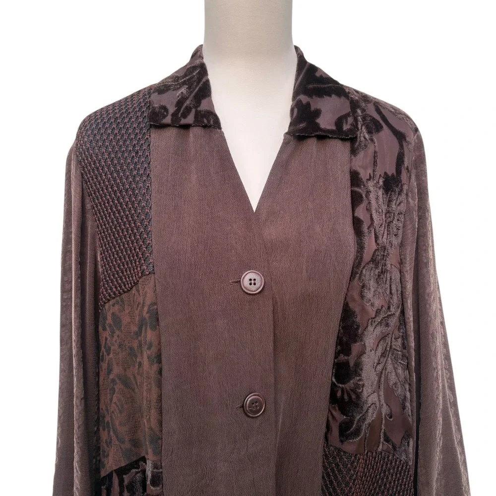 VTG 90s Neil David Patchwork Shirt M Brown Velvet Burnout Silk Blend Artsy Tunic - Picture 2 of 11